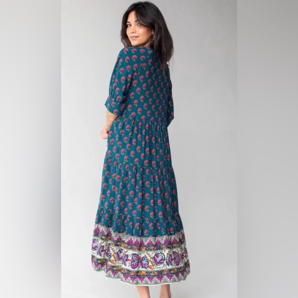 NATURAL LIFE Rebecca Midi Dress Navy Pink Roses Border Size Large - Picture 5 of 10